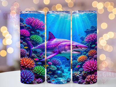 Neon Shark Glowing Ocean 20oz Tumbler, Purple Pink Shark, Deep Sea Reef, Glowing Ocean, Marine Fantasy, Skinny Tumbler, Sublimation PNG Sublimation SvggirlplusArt 