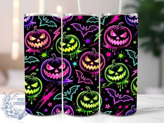 Neon Sinister Pumpkin Halloween 20oz Tumbler, Pumpkin Motif, Neon Art Design, Sinister Theme, Halloween Accent, Spooky Charm, Sublimation Wrap, 20oz Tumbler Sublimation ToriDesigns 