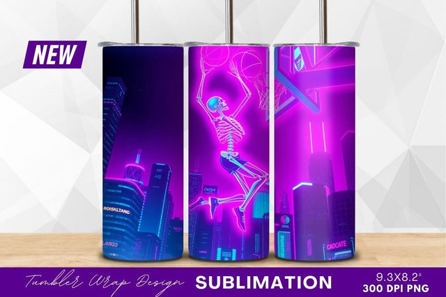 Neon skeleton dunking basketball cityscape tumbler png Sublimation Regulrcrative 