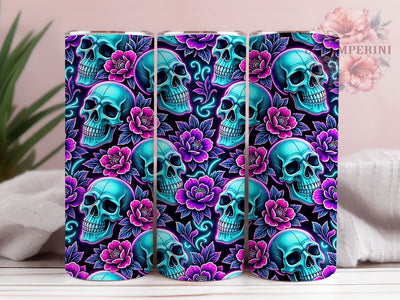 Neon Skull Floral 20oz Tumbler, Skull Motif, Neon Art Design, Floral Theme, Gothic Accent, Bold Charm, Sublimation Wrap, 20oz Tumbler Sublimation Li Zamperini 