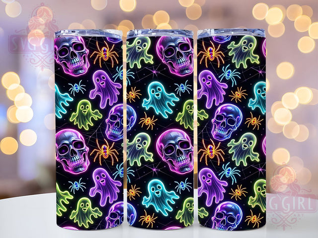 Neon Skull Ghost Glow 20oz Tumbler, Neon Theme, Skull Motif, Ghost Design, Glow Effect, Spooky Charm, Skinny Tumbler, Sublimation PNG Sublimation SvggirlplusArt 
