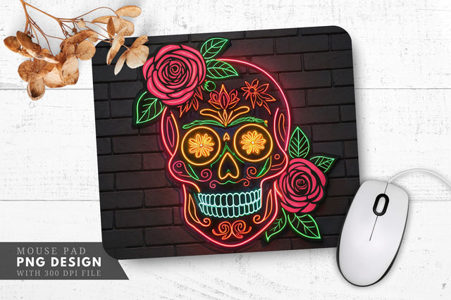 Neon Skull with Roses and Glowing Eyes Day of the Dead Mouse Pad Design Sublimation Regulrcrative 