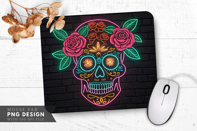 Neon Skull with Roses and Glowing Eyes Day of the Dead Mouse Pad Design Sublimation Regulrcrative 