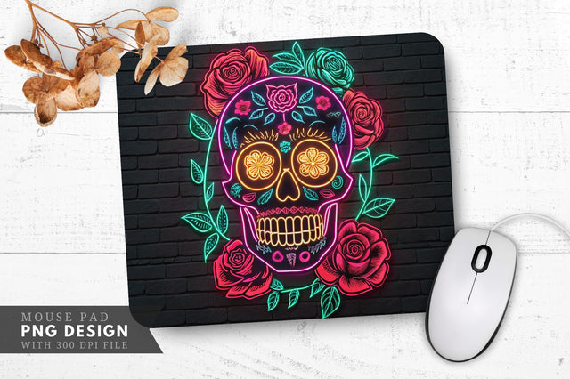 Neon Skull with Roses and Glowing Eyes Day of the Dead Mouse Pad Design Sublimation Regulrcrative 