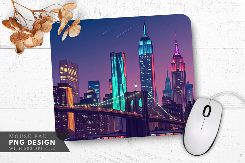Neon Skyline of New York City Mouse Pad Design Sublimation Regulrcrative 