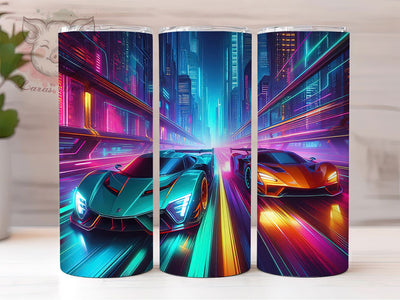 Neon Speed Racer Car Tumbler Gift, Speed Car Cup, Glowing Auto Design, Race Track Present, Neon Sport Tumbler, Fast Car Gift, Night Racer Cup Sublimation Lara' s Designs 
