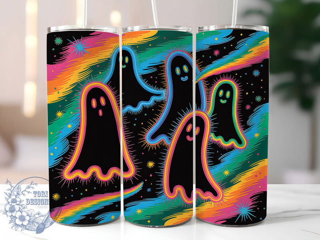 Neon Spooky Ghosts Halloween Tumbler, Halloween Tumbler Wrap, 20Oz Skinny Tumbler Wrap, Spooky Neon Sublimation, Glow In The Dark Ghost Design, Bright Halloween Drinkware, Colorful Ghost Tumbler Sublimation ToriDesigns 
