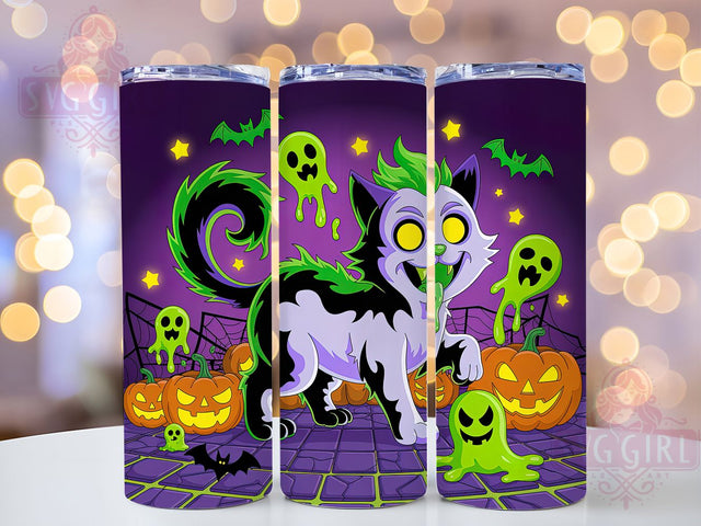 Neon Spooky Halloween Ghost Cat Tumbler, Neon Halloween Wrap, Spooky Cat Design, 20Oz Skinny Tumbler, Halloween Cat Sublimation, Glow In The Dark Style, Creepy Cat Drinkware Sublimation SvggirlplusArt 