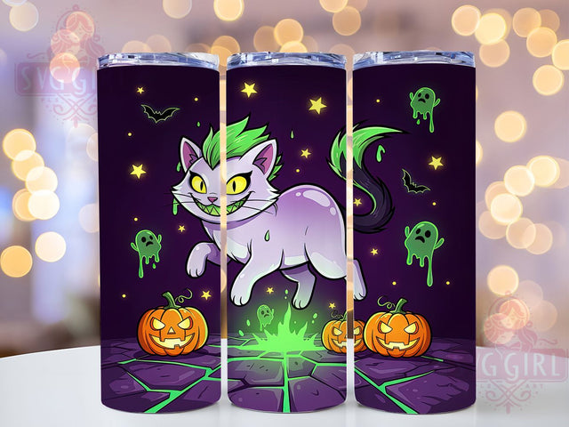 Neon Spooky Halloween Ghost Cat Tumbler, Neon Halloween Wrap, Spooky Cat Design, 20Oz Skinny Tumbler, Halloween Cat Sublimation, Glow In The Dark Style, Creepy Cat Drinkware Sublimation SvggirlplusArt 