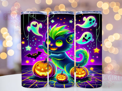 Neon Spooky Halloween Ghost Cat Tumbler, Neon Halloween Wrap, Spooky Cat Design, 20Oz Skinny Tumbler, Halloween Cat Sublimation, Glow In The Dark Style, Creepy Cat Drinkware Sublimation SvggirlplusArt 