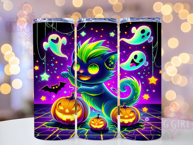 Neon Spooky Halloween Ghost Cat Tumbler, Neon Halloween Wrap, Spooky Cat Design, 20Oz Skinny Tumbler, Halloween Cat Sublimation, Glow In The Dark Style, Creepy Cat Drinkware Sublimation SvggirlplusArt 