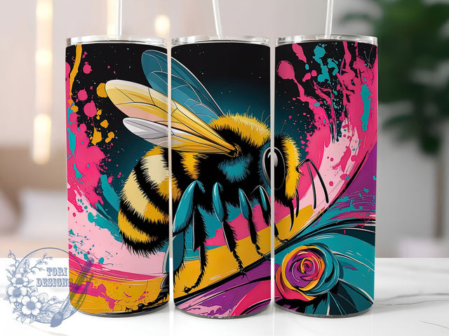 Neon Spring Bee Floral Tumbler, Spring Bee Design, Vibrant Floral Tumbler, 20oz Bee Wrap, Colorful Spring Flowers, Bee and Flower Tumbler, Neon Spring Tumbler Sublimation ToriDesigns 