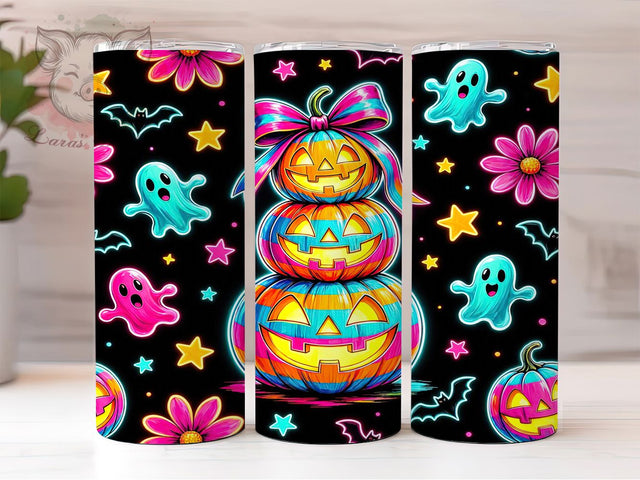 Neon Stacked Pumpkins 20oz Tumbler, Pumpkin Motif, Neon Theme, Stacked Accent, Glow Art Design, Spooky Flair, Sublimation Wrap, 20oz Tumbler Sublimation Lara' s Designs 