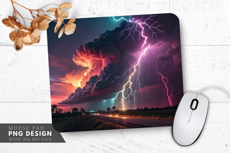 Neon Storm Cloud with Glowing Lightning Bolts Mouse Pad Design Sublimation Regulrcrative 