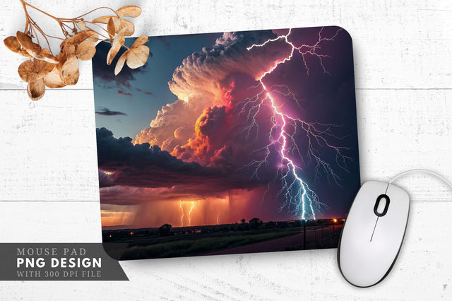 Neon Storm Cloud with Glowing Lightning Bolts Mouse Pad Design Sublimation Regulrcrative 