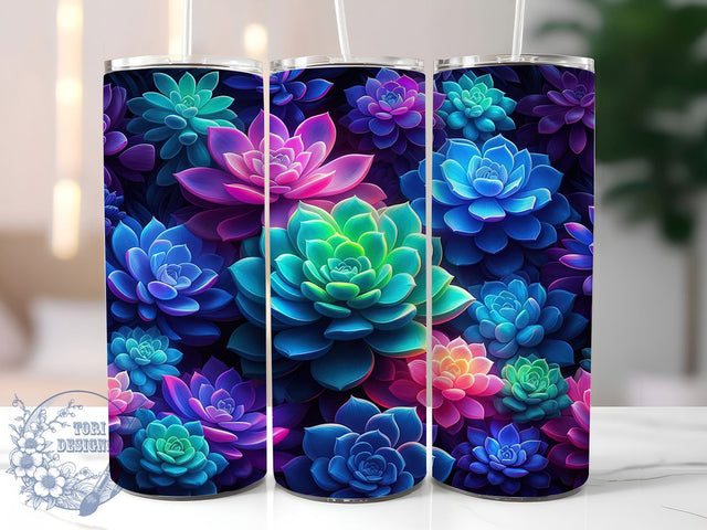 Neon Succulent Glow Tumbler Wrap, Vibrant Floral Tumbler, Succulent Bloom Cup, Glow Effect Tumbler Wrap, 20oz Colorful Plant Tumbler, Cactus Flower PNG, Bright Botanical Cup Sublimation ToriDesigns 