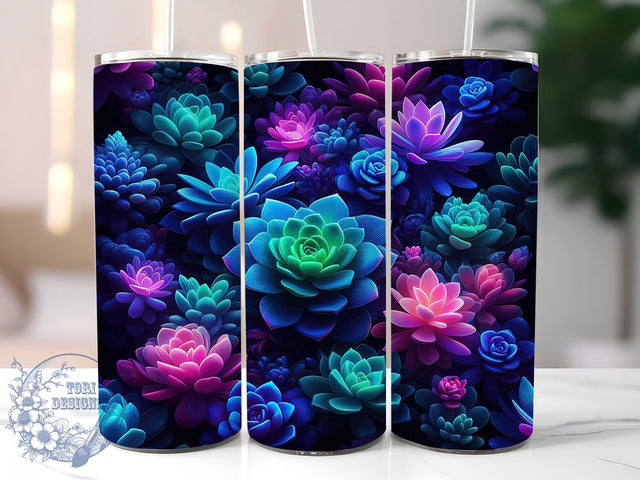 Neon Succulent Glow Tumbler Wrap, Vibrant Floral Tumbler, Succulent Bloom Cup, Glow Effect Tumbler Wrap, 20oz Colorful Plant Tumbler, Cactus Flower PNG, Bright Botanical Cup Sublimation ToriDesigns 