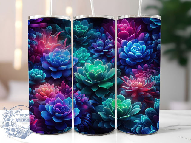 Neon Succulent Glow Tumbler Wrap, Vibrant Floral Tumbler, Succulent Bloom Cup, Glow Effect Tumbler Wrap, 20oz Colorful Plant Tumbler, Cactus Flower PNG, Bright Botanical Cup Sublimation ToriDesigns 