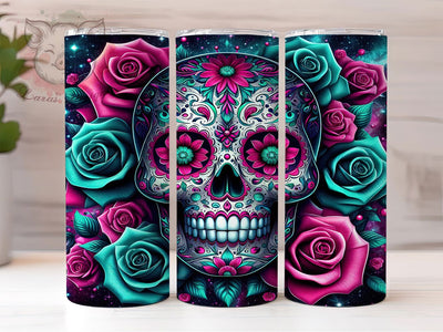 Neon Sugar Skull Gothic Roses Tumbler, Gothic Roses Wrap, Neon Skull Cup, Day of the Dead Sublimation, 20oz Tumbler Wrap, Gothic Halloween Drinkware, Glowing Skull Design Sublimation Lara' s Designs 