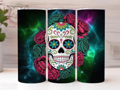 Neon Sugar Skull Gothic Roses Tumbler, Gothic Roses Wrap, Neon Skull Cup, Day of the Dead Sublimation, 20oz Tumbler Wrap, Gothic Halloween Drinkware, Glowing Skull Design Sublimation Lara' s Designs 