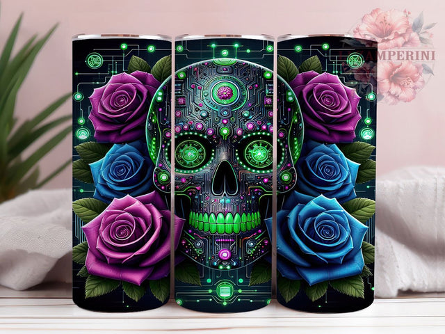 Neon Sugar Skull Gothic Tumbler, Cyber Skull Wrap, Neon Roses Cup, Gothic Neon Design, 20oz Tumbler Wrap, Day Of The Dead Sublimation, Futuristic Halloween Drinkware Sublimation Li Zamperini 