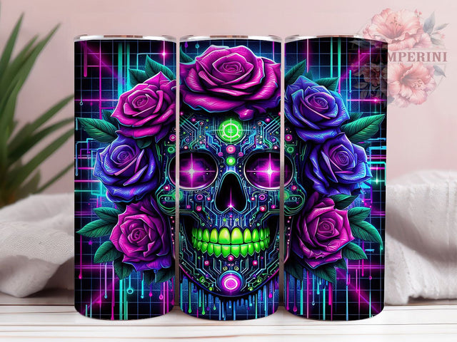 Neon Sugar Skull Gothic Tumbler, Cyber Skull Wrap, Neon Roses Cup, Gothic Neon Design, 20oz Tumbler Wrap, Day Of The Dead Sublimation, Futuristic Halloween Drinkware Sublimation Li Zamperini 