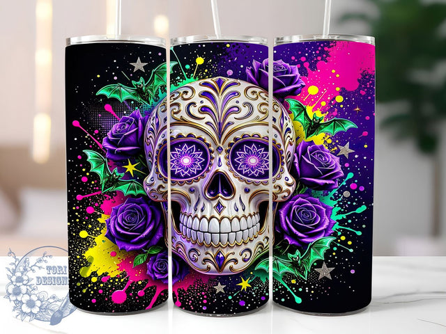 Neon Sugar Skull Pop 20oz Tumbler, Skull Motif, Neon Theme, Sugar Accent, Pop Art Design, Gothic Flair, Sublimation Wrap, 20oz Tumbler Sublimation ToriDesigns 