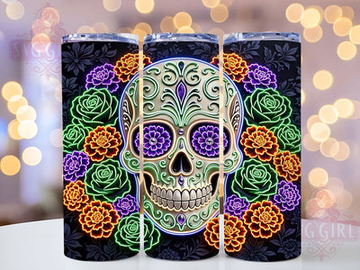 Neon Sugar Skull Roses 20oz Tumbler, Sugar Skull Design, Neon Style, Rose Pattern, Halloween Theme, Sublimation Wrap, 20oz Tumbler, Gothic Aesthetic Sublimation SvggirlplusArt 