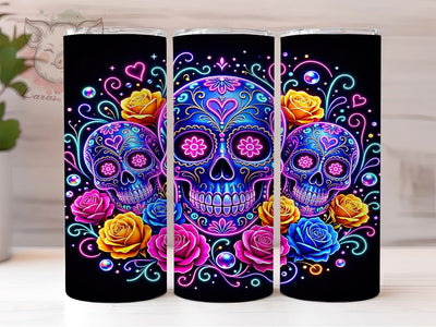 Neon Sugar Skull Trio 20oz Tumbler, Sugar Skull, Neon Design, Day of the Dead, Trio Pattern, Bold Aesthetic, 20oz Wrap, Sublimation Tumbler Sublimation Lara' s Designs 