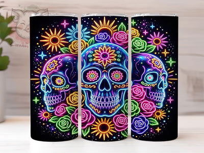 Neon Sugar Skull Trio Glow 20oz Tumbler, Sugar Skull Motif, Neon Theme, Trio Art Design, Glow Accent, Radiant Charm, Sublimation Wrap, 20oz Tumbler Sublimation Lara' s Designs 