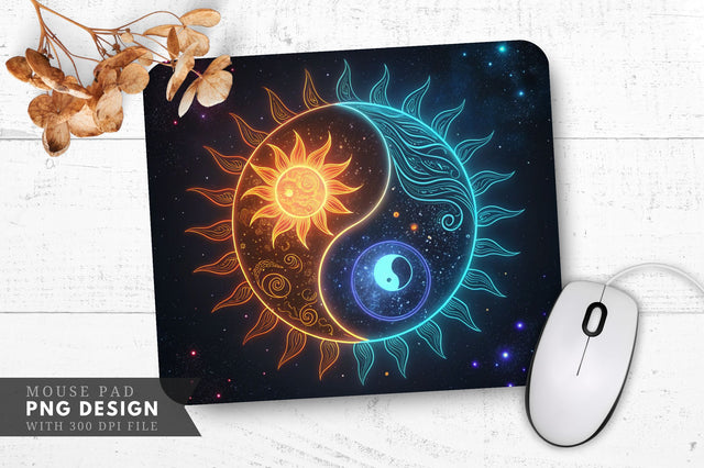 Neon Sun and Moon Yin-Yang with Cosmic Elements Mouse Pad Design Sublimation Regulrcrative 