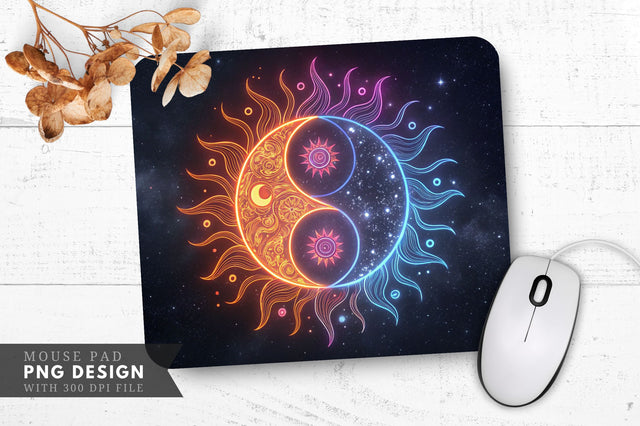 Neon Sun and Moon Yin-Yang with Cosmic Elements Mouse Pad Design Sublimation Regulrcrative 