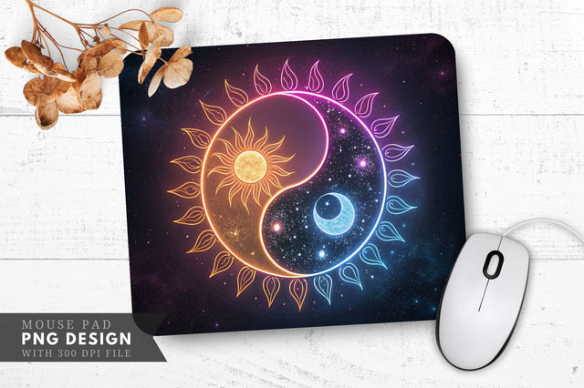 Neon Sun and Moon Yin-Yang with Cosmic Elements Mouse Pad Design Sublimation Regulrcrative 