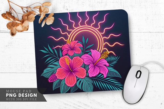 Neon Sun with Hibiscus Flowers Mouse Pad Design Sublimation Regulrcrative 