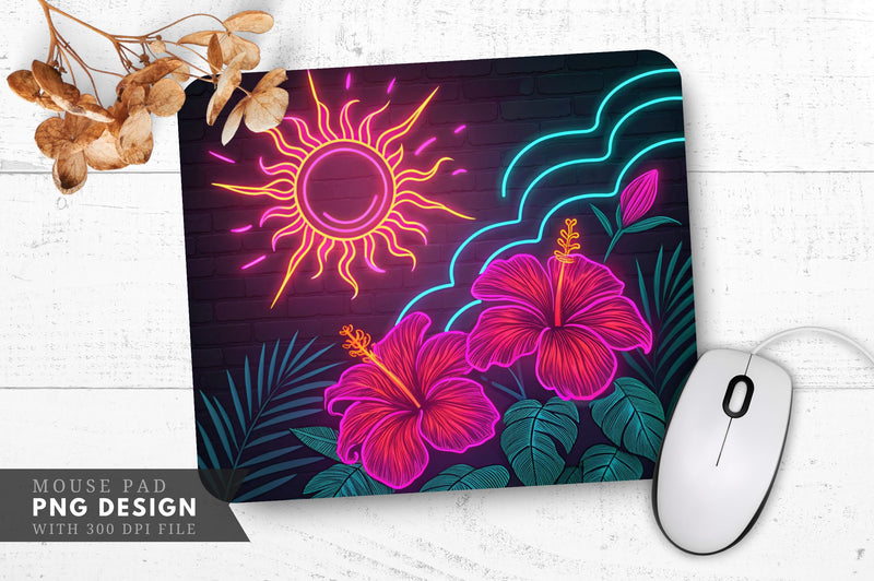 Neon Sun with Hibiscus Flowers Mouse Pad Design Sublimation Regulrcrative 