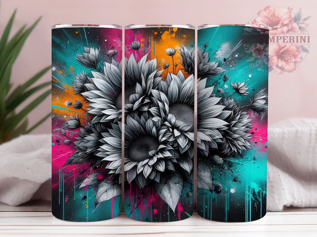 Neon Sunflower Bright Floral Tumbler Wrap, Sunflower Tumbler Design, Black White Sublimation, 20oz Tumbler Wrap, Bright Floral PNG, Sunflower Sublimation Design Sublimation Li Zamperini 