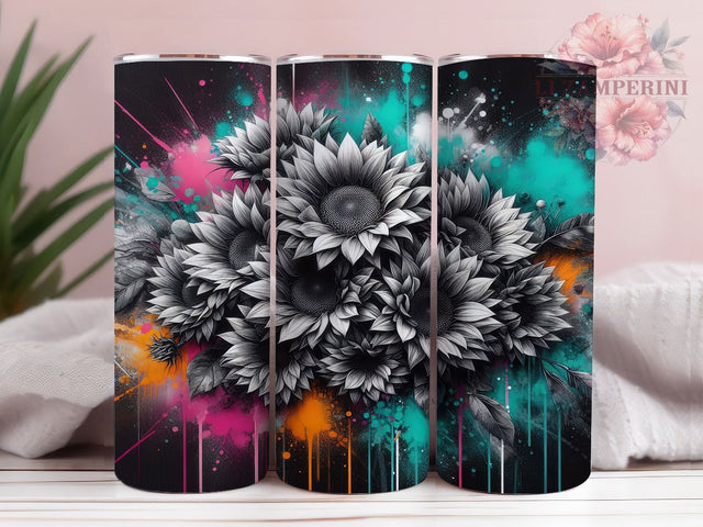 Neon Sunflower Bright Floral Tumbler Wrap, Sunflower Tumbler Design, Black White Sublimation, 20oz Tumbler Wrap, Bright Floral PNG, Sunflower Sublimation Design Sublimation Li Zamperini 
