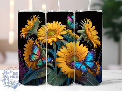 Neon Sunflower Butterfly 20oz Tumbler, Sunflower Cup Wrap, Bright Neon Design, Sublimation Tumbler Wrap, 20Oz Tumbler Design, Artistic Butterfly Cup, Stylish Neon Sunflower Wrap Sublimation ToriDesigns 
