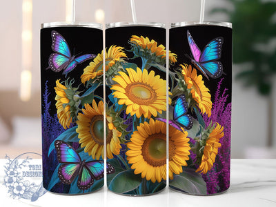 Neon Sunflower Butterfly 20oz Tumbler, Sunflower Cup Wrap, Bright Neon Design, Sublimation Tumbler Wrap, 20Oz Tumbler Design, Artistic Butterfly Cup, Stylish Neon Sunflower Wrap Sublimation ToriDesigns 