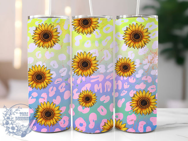 Neon Sunflower Leopard Glow 20oz Tumbler, Neon Theme, Sunflower Motif, Leopard Print, Glow Effect, Bold Charm, Skinny Tumbler, Sublimation PNG Sublimation ToriDesigns 