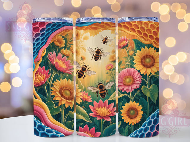 Neon Sunflowers Bees 20oz Tumbler, Bright Floral Tumbler, Inspirational Sublimation, Nature Wrap Design, Colorful PNG, 20oz Tumbler Wrap Sublimation SvggirlplusArt 