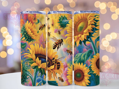 Neon Sunflowers Bees 20oz Tumbler, Bright Floral Tumbler, Inspirational Sublimation, Nature Wrap Design, Colorful PNG, 20oz Tumbler Wrap Sublimation SvggirlplusArt 