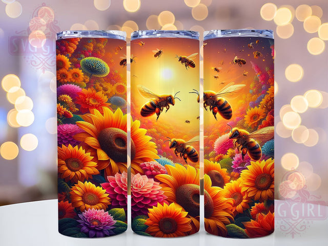 Neon Sunflowers Bees 20oz Tumbler, Bright Floral Tumbler, Inspirational Sublimation, Nature Wrap Design, Colorful PNG, 20oz Tumbler Wrap Sublimation SvggirlplusArt 