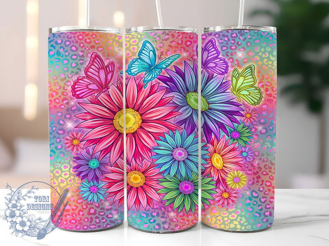 Neon Sunflowers Rainbow Garden 20oz Tumbler, Colorful Daisies, Glowing Petals, Vibrant Floral, Rainbow Garden, Skinny Tumbler, Sublimation PNG Sublimation ToriDesigns 
