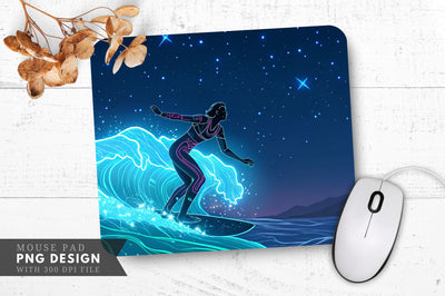 Neon Surfer Riding Glowing Waves Under a Starry Sky Mouse Pad Design Sublimation Regulrcrative 