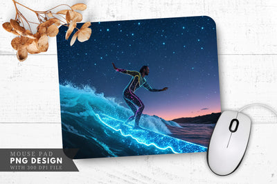 Neon Surfer Riding Glowing Waves Under a Starry Sky Mouse Pad Design Sublimation Regulrcrative 