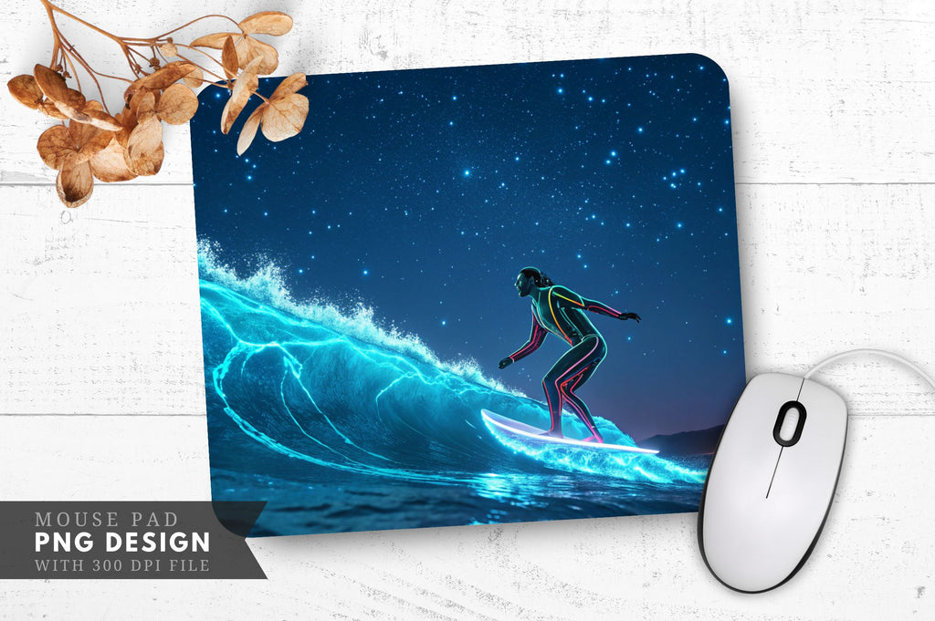 Neon Wave Riding Neon Surfer Riding Glowing Waves Under a Starry Sky Mouse Pad Design ...