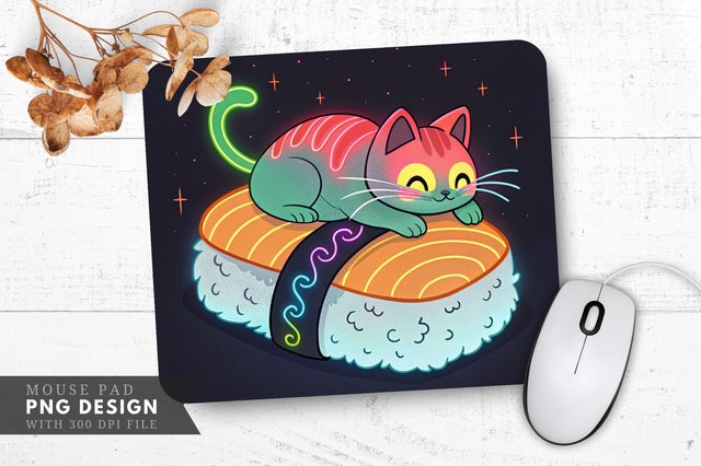 Neon Sushi Cat Sleeping on Sushi Mouse Pad Design Sublimation Regulrcrative 