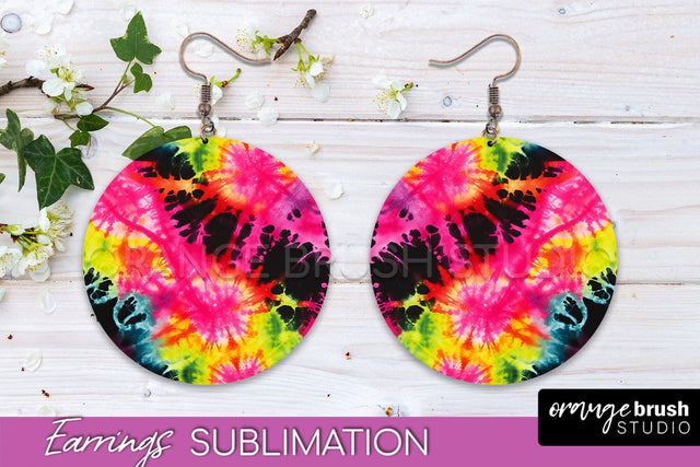 Neon Tie Dye Earrings - Rainbow Round Earring Sublimation Sublimation OrangeBrushStudio 