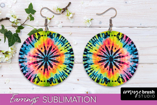 Neon Tie Dye Earrings - Rainbow Round Earring Sublimation Sublimation OrangeBrushStudio 